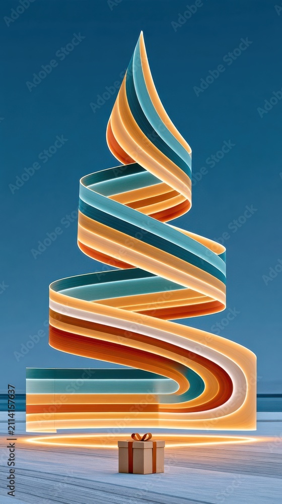 Obraz premium Abstract glowing spiral Christmas tree with gift box on wooden deck at dusk