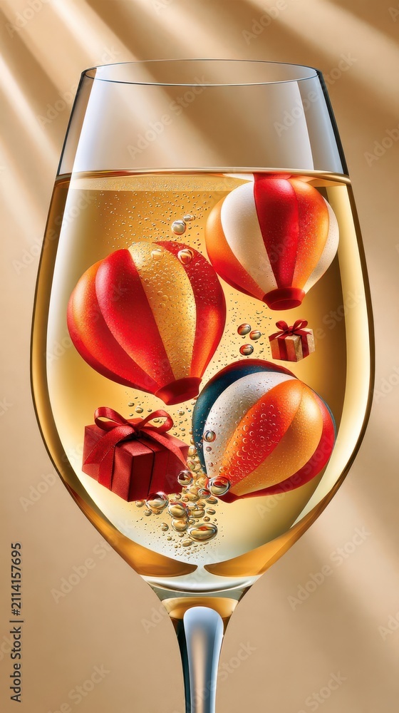 Obraz premium Macro inside champagne glass with rising bubbles and floating gift boxes and hot air balloons