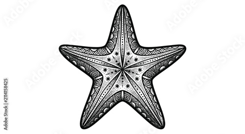 Obraz na plátne Detailed black and white tattoo illustration of a symmetrical starfish with intricate dotwork and geometric patterns, isolated on a clean white background for marine designs