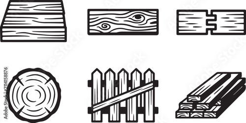 Foto Six types of wood and woodworking elements vector icons Vector
