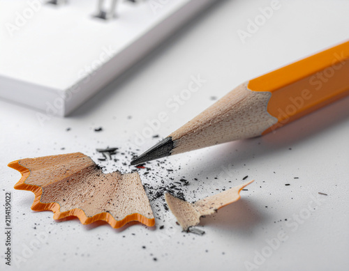close-up of a freshly sharpened cedar pencil beside natural wood shavings on an open sketchbook