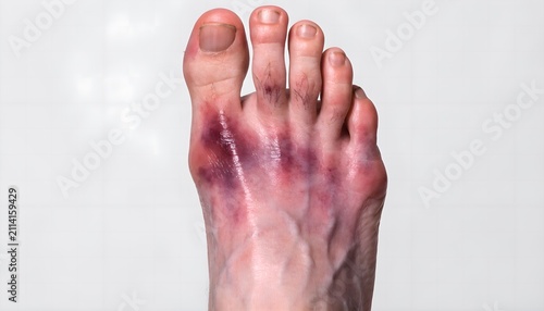 Lisfranc injury external appearance showing midfoot swelling and bruising pattern in dorsal view