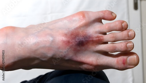 Midfoot trauma with Lisfranc injury bruising and swelling, dorsal view medical documentation photo