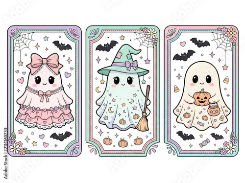 Three decorative tarot cards featuring cute kawaii halloween ghosts