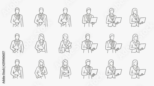 Corporate Sketch Illustrations Showing Professional Individuals Holding Documents Tablets and Laptops in Monochrome