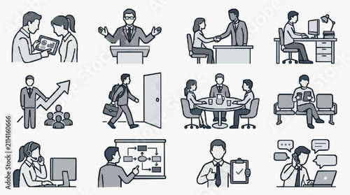 Corporate Showcasing Various Business Scenarios and Professional Interactions in Monochrome with high quality professional line art symbols for modern creative design and digital branding projects