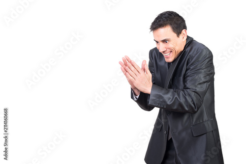 Quadro su tela Evil man in elegant suit rubbing hands