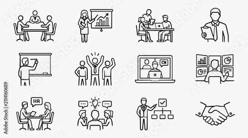 Corporate Teamwork and Business Meeting Icons Set in Black and White Line Art Style with high quality professional line art symbols for modern creative design and digital branding projects