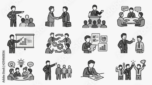 Corporate Teamwork and Leadership Concepts Illustrated in Black and White Line Art with Business Professionals