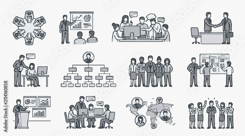 Corporate Teamwork and Management Concepts Illustrated in Monochrome Line Art with Business Scenes