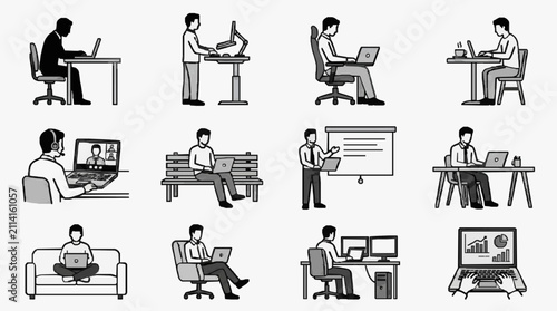 Creative Black and White Illustrations of Diverse Work from Home and Office Scenarios with Professionals Using Technology