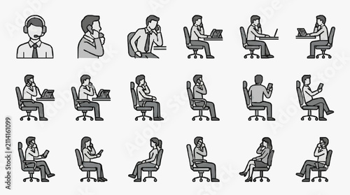 Creative Black and White Illustrations of Office Workers Engaged in Various Communication and Work Activities
