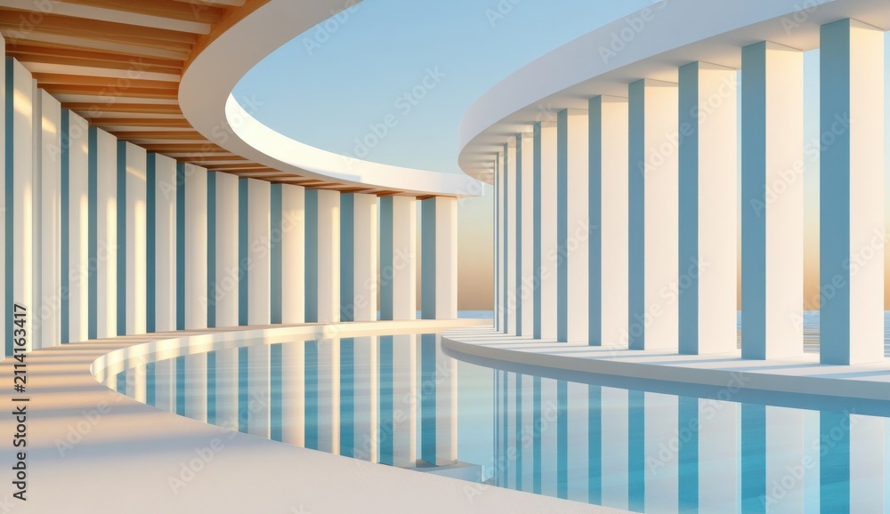 Obraz premium Minimalist 3D rendering of curved white colonnade and reflective pool at soft sunset light