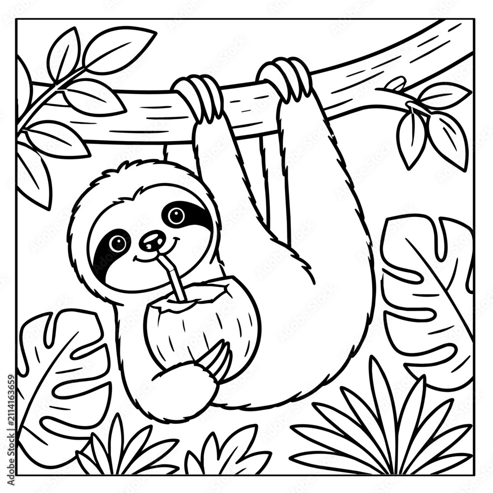 Fototapeta premium Cute Sloth Hanging on Tree Branch Drinking Coconut Water in Tropical Jungle