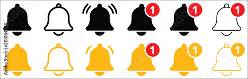 Ringing notification bell vector icon collection featuring alarm, smartphone alerts, new message reminders, shaking bell, multimedia notifications, push alerts, and modern UI interface symbols in flat