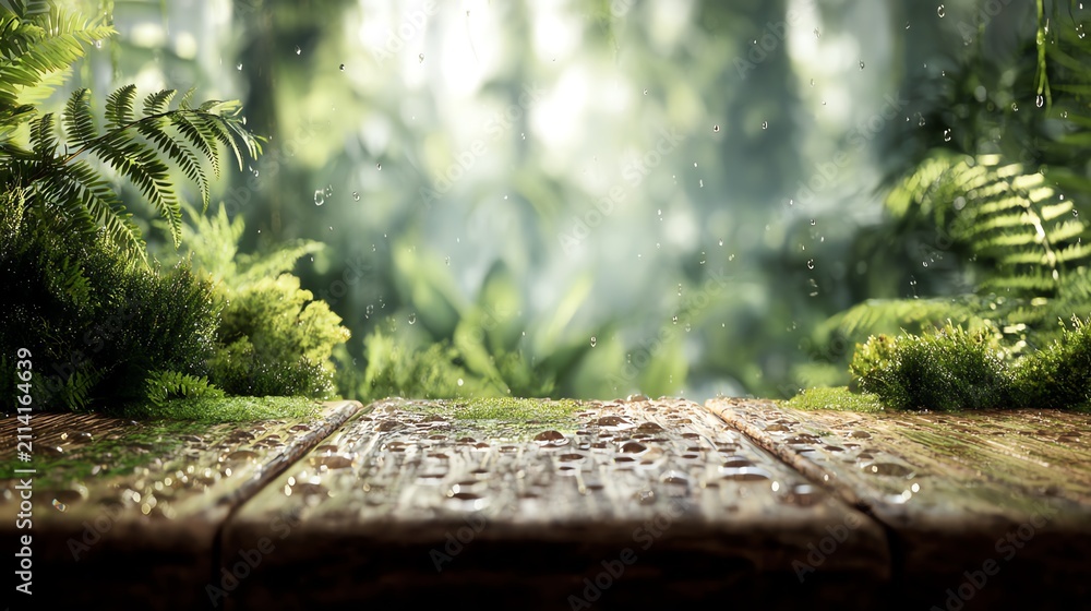 Obraz premium Lush greenery with a wooden surface and rain.