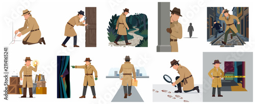 Fotografía Detective character set with various poses and investigative scenes in flat desi