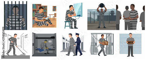Fotografie Collection of Vector Illustrations Depicting Daily Life and Activities of Prison