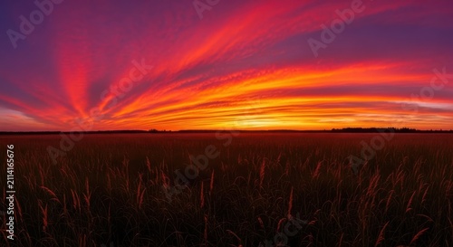 Vibrant Sunset Sky Over Field with Dramatic Clouds