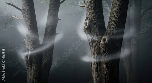 Misty Forest Scene with Ancient Trees and Swirling Fog