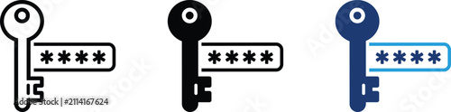 A professional vector icon set featuring digital security keys with password asterisks for website authentication and data protection interface design elements isolated