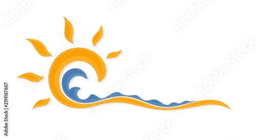 A stylized symbol of sunrise with blue sea.