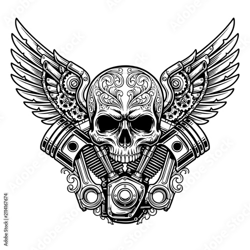 Mechanical Skull with Engine Pistons and Spread Wings Black and White Vector Illustration