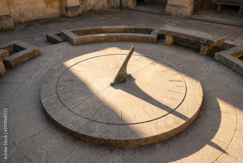 Ancient Stone Sundial Casting Shadow in Historic Courtyard
