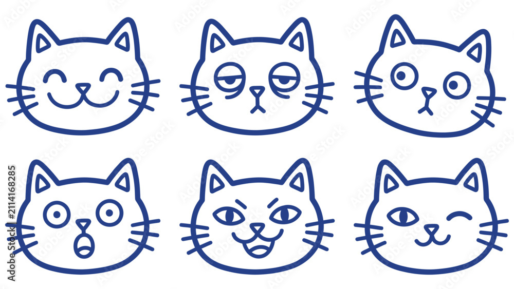 Fototapeta premium line art Cat Faces Set Hand Drawn Doodle Vector Illustration
