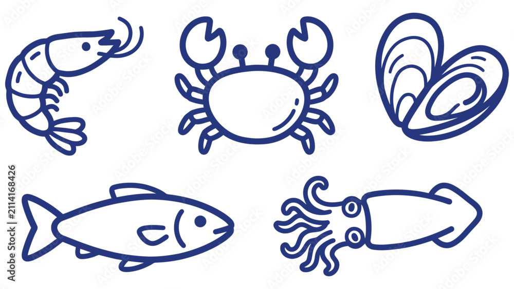 Fototapeta premium Seafood stew doodle ingredients set vector