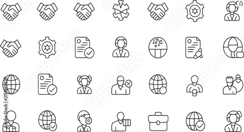 Business Partnership and Global Communication Line Icon Set