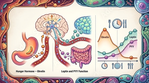 Scientific diagram of hunger and satiety hormones ghrelin and leptin