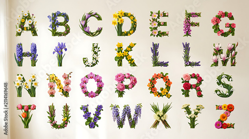 Complete alphabet collection designed with beautiful colorful fresh spring flowers on a light background.