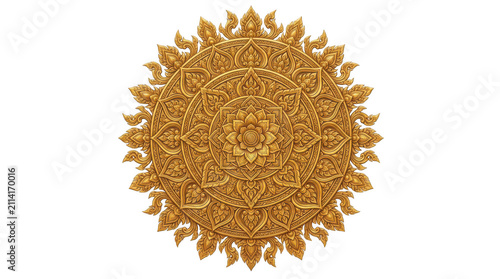 Golden thai traditional floral mandala isolated on transparent background