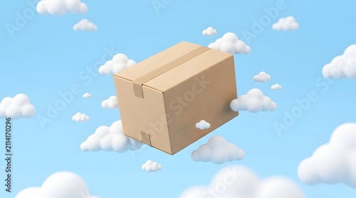 Floating Cardboard Delivery Box in Dreamy Blue Sky with White Clouds