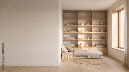 Scandinavian bedroom with built in shelving pale bedding and warm wooden tones