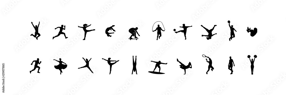 Obraz premium Dancers Performing Various Ballet and Contemporary Dance Poses in Black Silhouettes Featuring Figures, Movement, Art