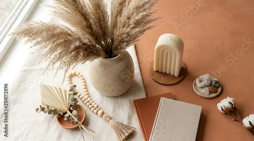 Minimalist Bohemian Home Decor Flat Lay with Earthy Tones and Dried Grass