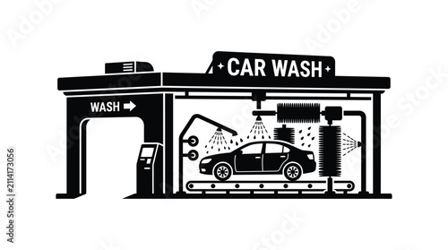 Car Wash Building Silhouette On White Background Automotive Service Illustration