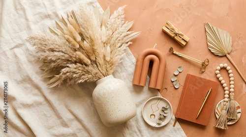 Aesthetic Neutral Home Decor Flat Lay with Pampas Grass and Linen