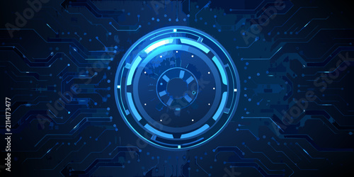Konstfotografi glowing circular hud on dark blue circuitry background tech digital futuristic i