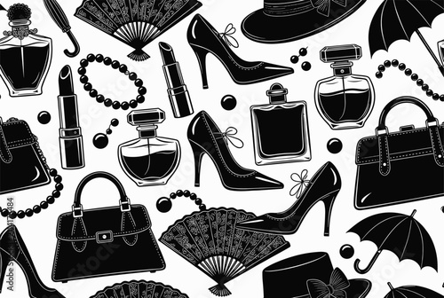 Black and white seamless pattern of fashion items including high heels handbags perfume bottles lipstick and folding fans.
