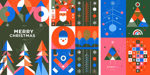 Obraz na płótnie modern geometric christmas posters with abstract shapes trees santa claus snowma