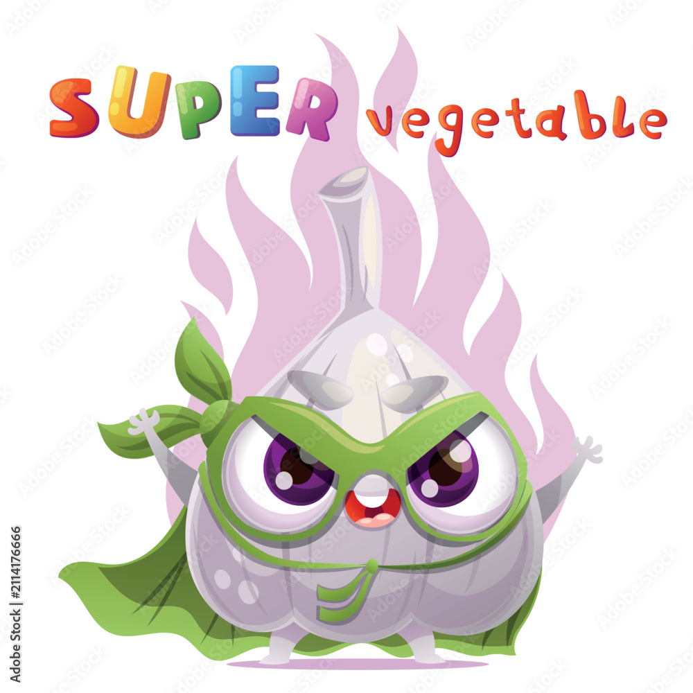 Fototapeta premium Cute garlic vegetable character dressed as a superhero standing in a heroic pose with a mask and a flowing cape. Bright playful headline in a colorful kids style is placed above the character. Fun