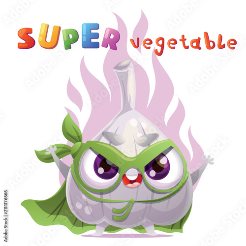 Cute garlic vegetable character dressed as a superhero standing in a heroic pose with a mask and a flowing cape. Bright playful headline in a colorful kids style is placed above the character. Fun