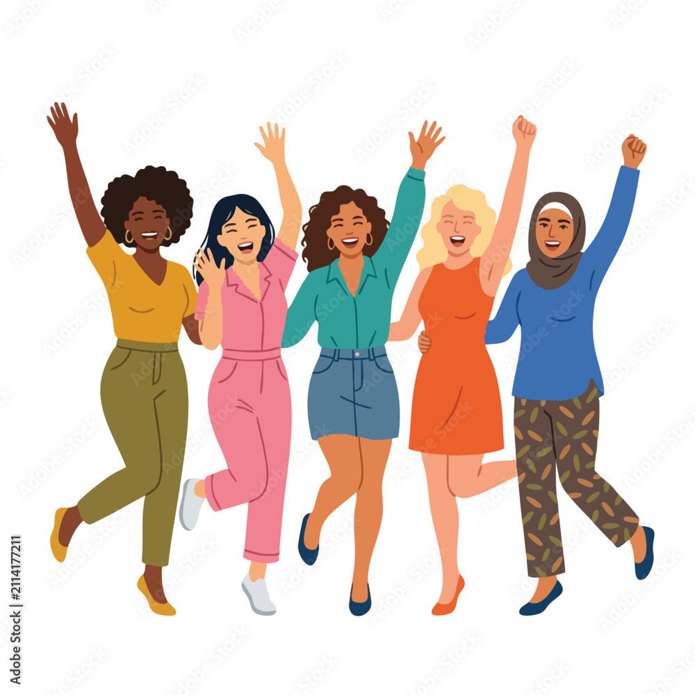 Obraz premium happy diverse women group illustration for community and friendship