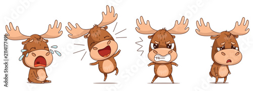 Adorable flat style moose character collection with clean outline featuring four expressive emotions including angry crying excited jumping and tired. Cute woodland animal vector set perfect for