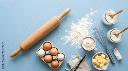 Fresh Baking Ingredients with Wooden Rolling Pin and Flour
