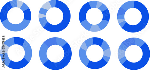 Tableau sur toile Collection of eight distinct blue and white circular segmented charts, illustrat