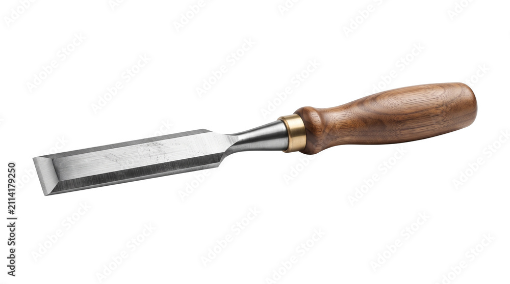 Fototapeta premium Professional woodworking chisel with sharp steel blade, traditional wood carving tool with walnut handle, carpentry hand tool for timber craftsmanship isolated PNG with Transparent Background